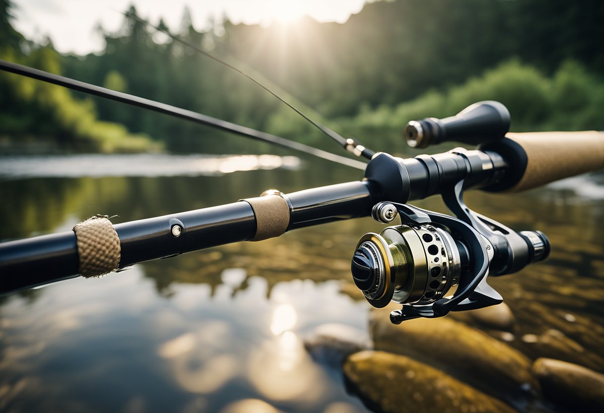 A fly rod and reel are set up next to a tranquil river, with a telescopic travel combo nearby. The lightweight equipment is ready for fly fishing