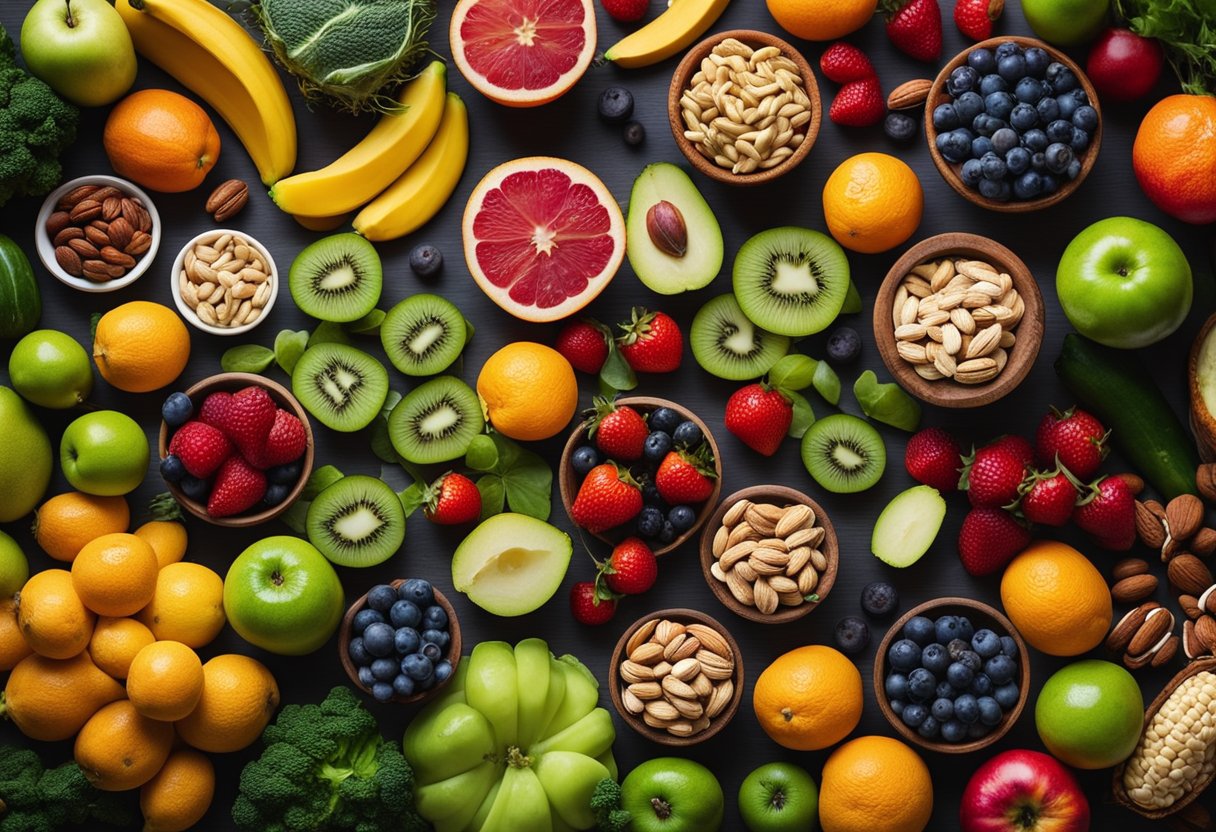 A colorful array of fruits, vegetables, and nuts displayed on a table, showcasing their high magnesium content for disease prevention