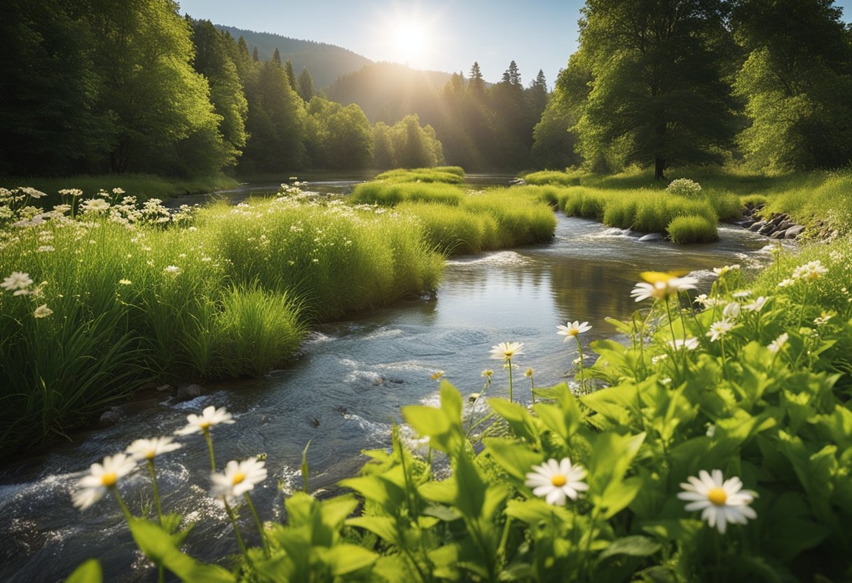 A serene, green landscape with a flowing river and vibrant, blooming flowers. The sun is shining, and a sense of calm and relaxation permeates the scene