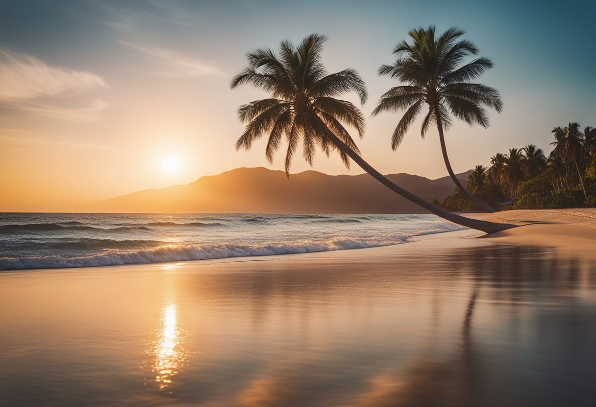 A serene beach at sunset, with waves gently lapping the shore. A lone palm tree stands tall against the colorful sky, symbolizing the calming and regulating effects of magnesium on blood pressure