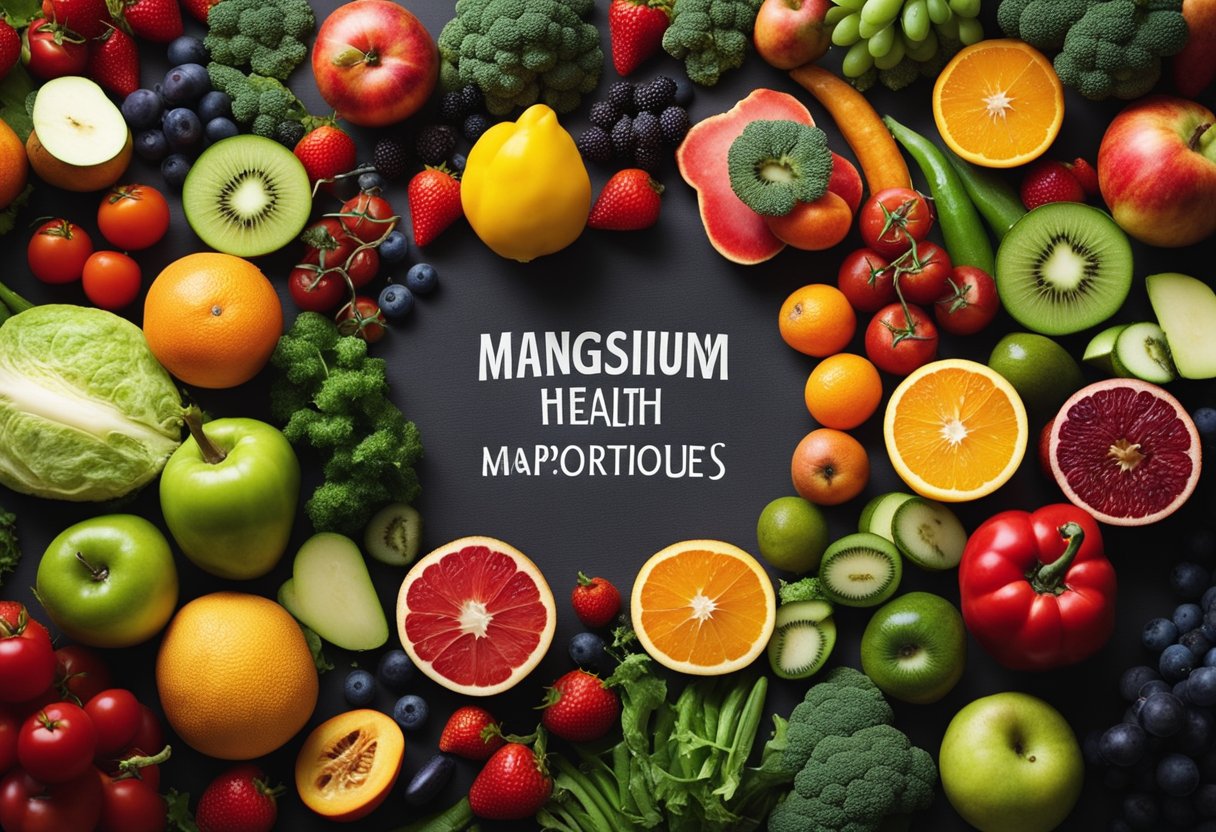 A colorful array of fruits and vegetables, rich in magnesium, surrounded by swirling arrows symbolizing improved digestive health