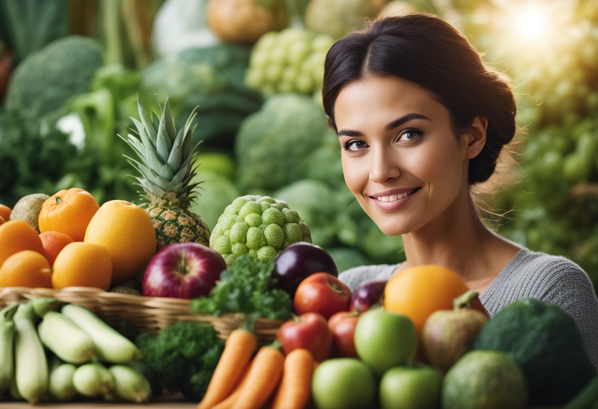A serene scene of a woman surrounded by various fruits and vegetables rich in magnesium, with a healthy glow on her face