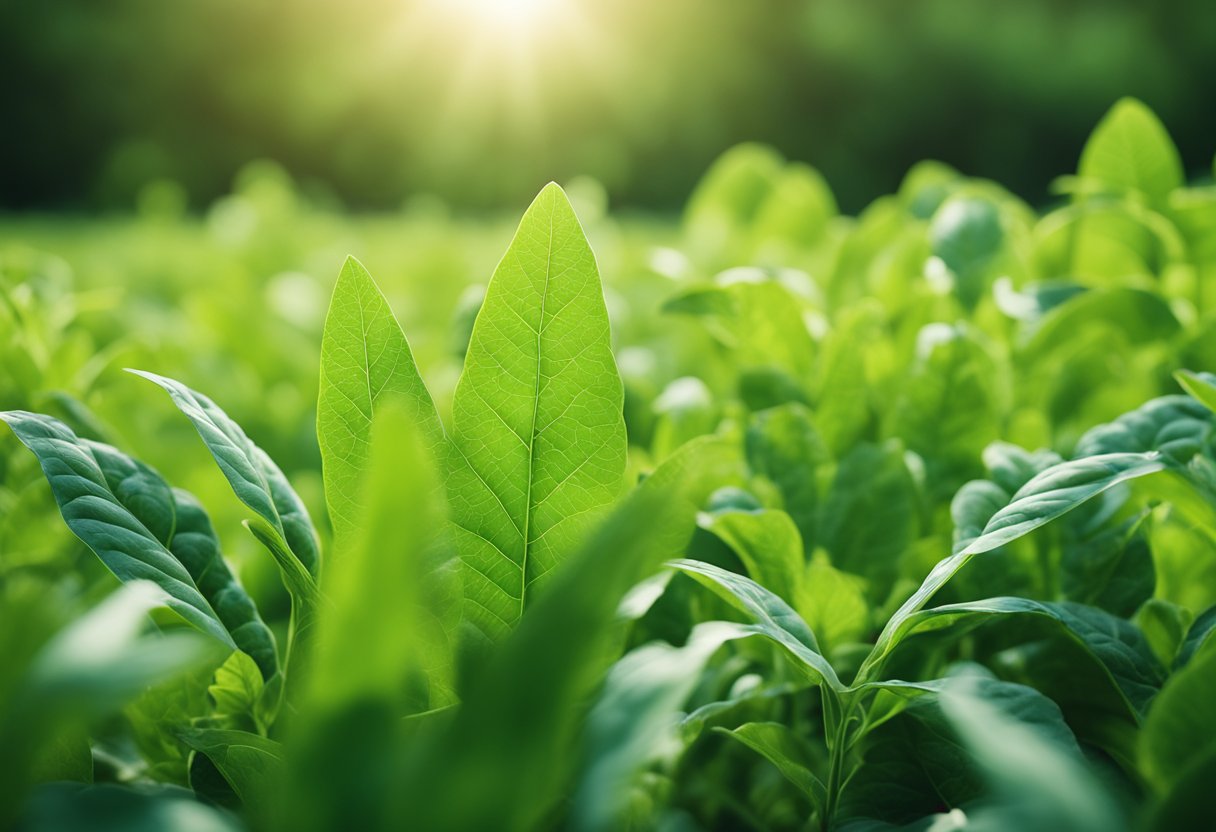 A lush green field with vibrant, healthy plants growing tall and strong, showcasing the benefits of magnesium for plant growth and vitality