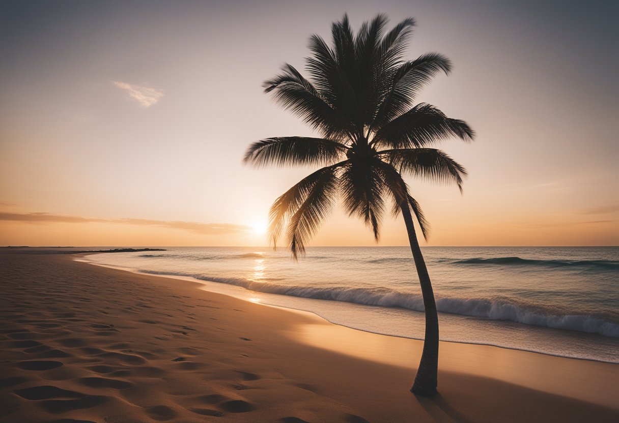 A serene beach with a calm ocean, a sunset sky, and a lone palm tree, symbolizing relaxation and the benefits of magnesium
