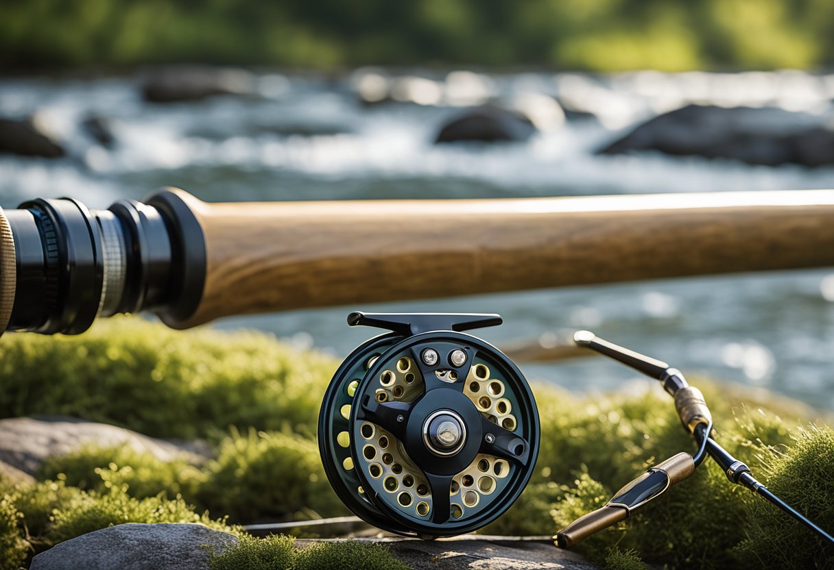 A high-end fly fishing combo set against a serene river backdrop, with the fly rod and reel elegantly displayed in the foreground