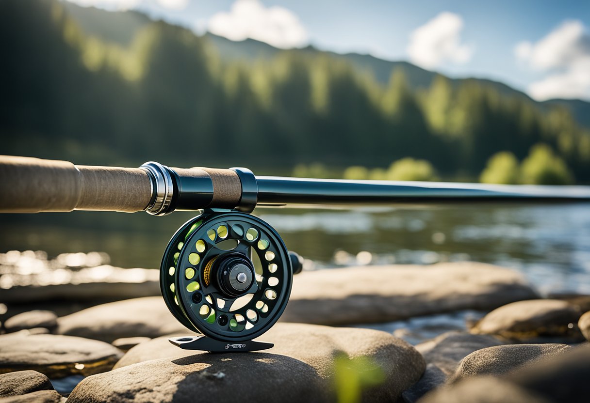 A fly rod and reel are set against a backdrop of a tranquil river, with a graphite fly fishing combo and a telescopic fly rod combo nearby