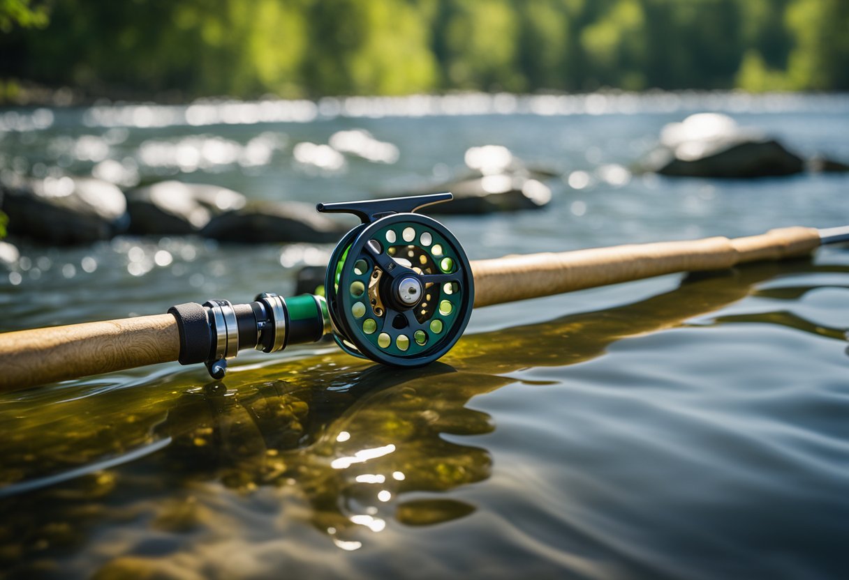 A fly rod and reel combo, made of lightweight graphite, set against a backdrop of a serene river and lush green trees