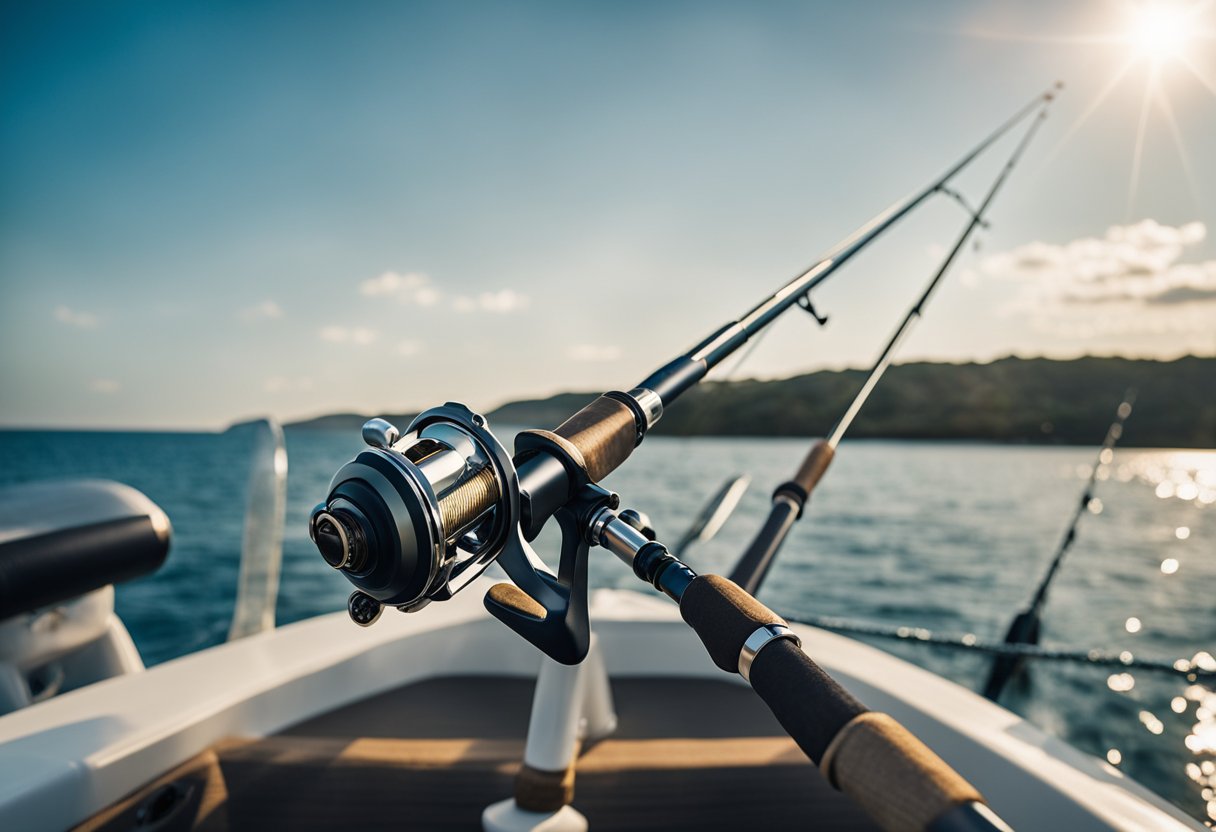 A fly rod and reel set up on a boat deck, with the ocean in the background and a bass jumping out of the water