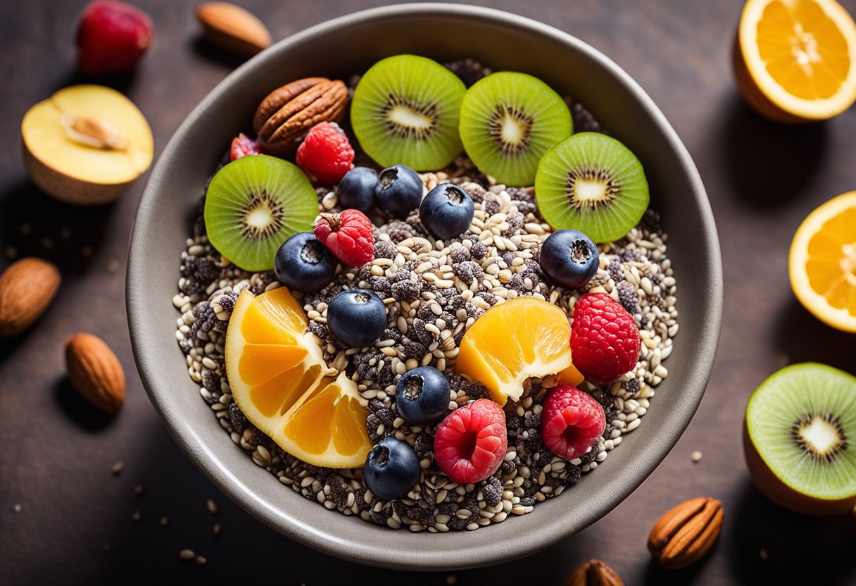 A bowl of chia seeds surrounded by various fruits and nuts, with a beam of sunlight shining down on them, highlighting their nutritional benefits
