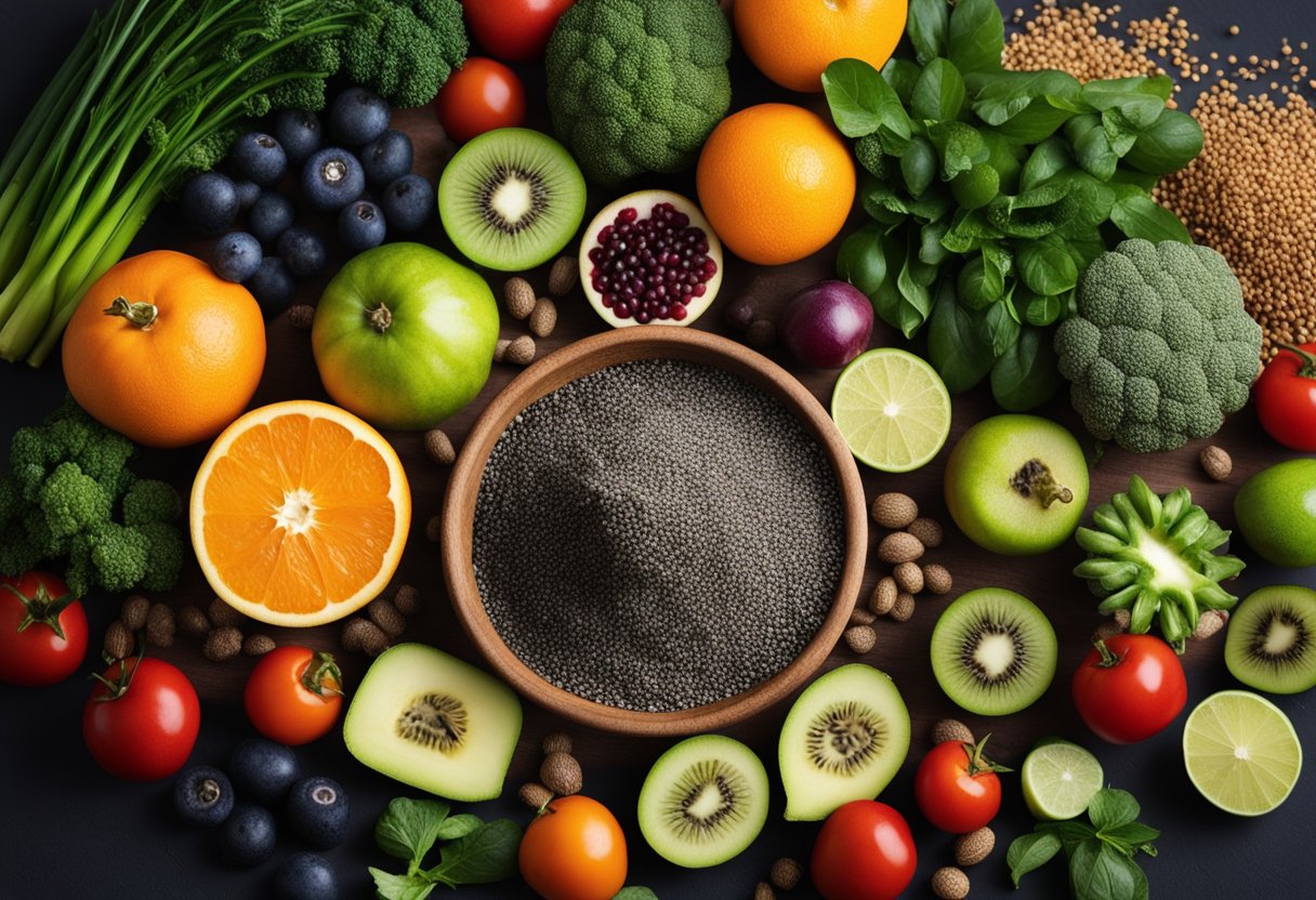 A pile of chia seeds surrounded by various fruits and vegetables, highlighting their nutritional benefits