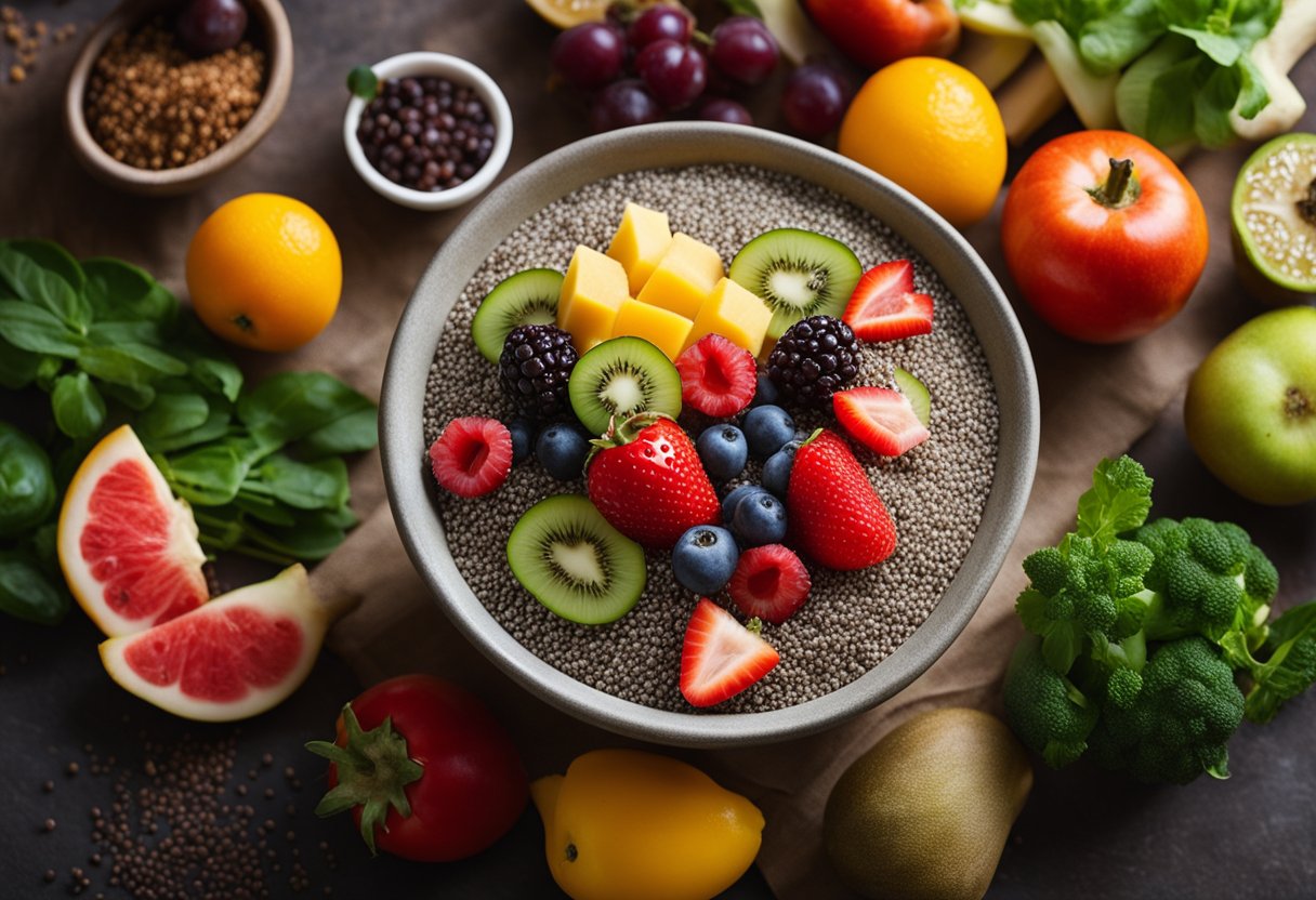 A bowl of chia seeds surrounded by various fruits and vegetables, with a beam of sunlight shining down on them, highlighting their health benefits