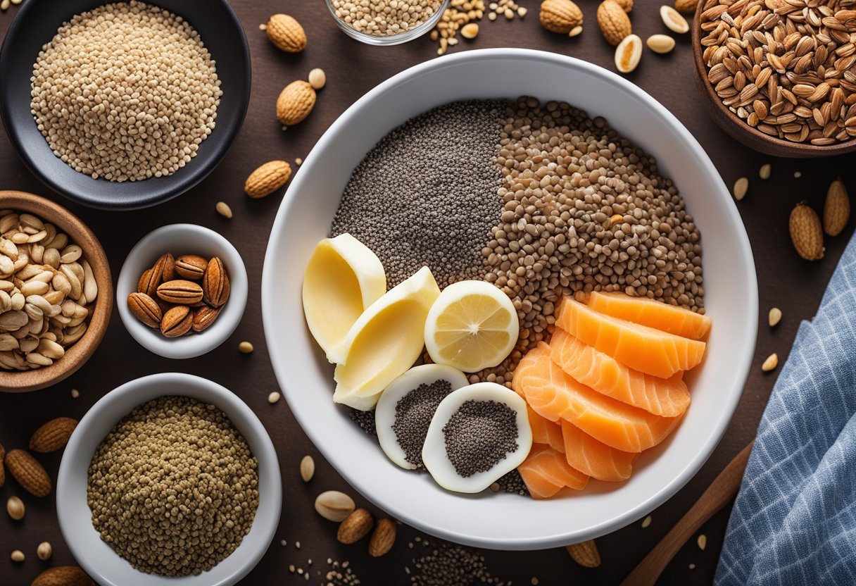 A bowl of chia seeds surrounded by various foods rich in omega-3 fatty acids, such as flaxseeds, walnuts, and fish, with a glowing halo of health benefits above them