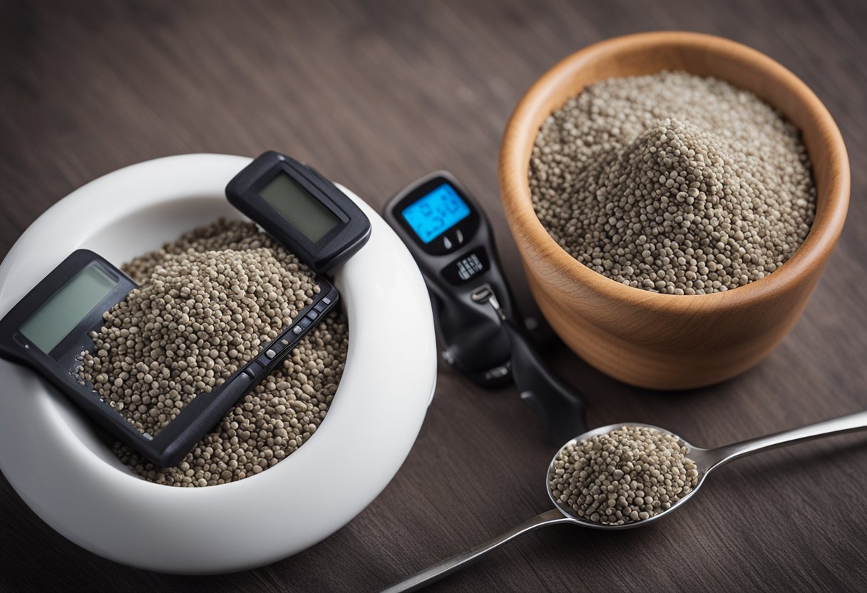 A bowl of chia seeds next to a blood sugar monitor, with a graph showing stable levels