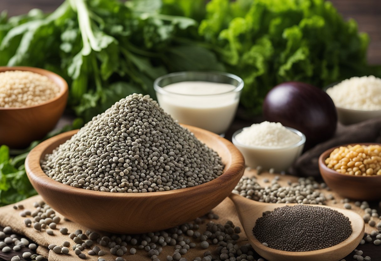A pile of chia seeds surrounded by various sources of calcium, such as dairy products and leafy greens, with a strong and healthy bone structure in the background