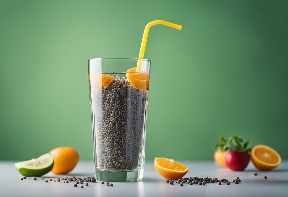 A glass of water with chia seeds suspended in it, surrounded by various fruits and vegetables