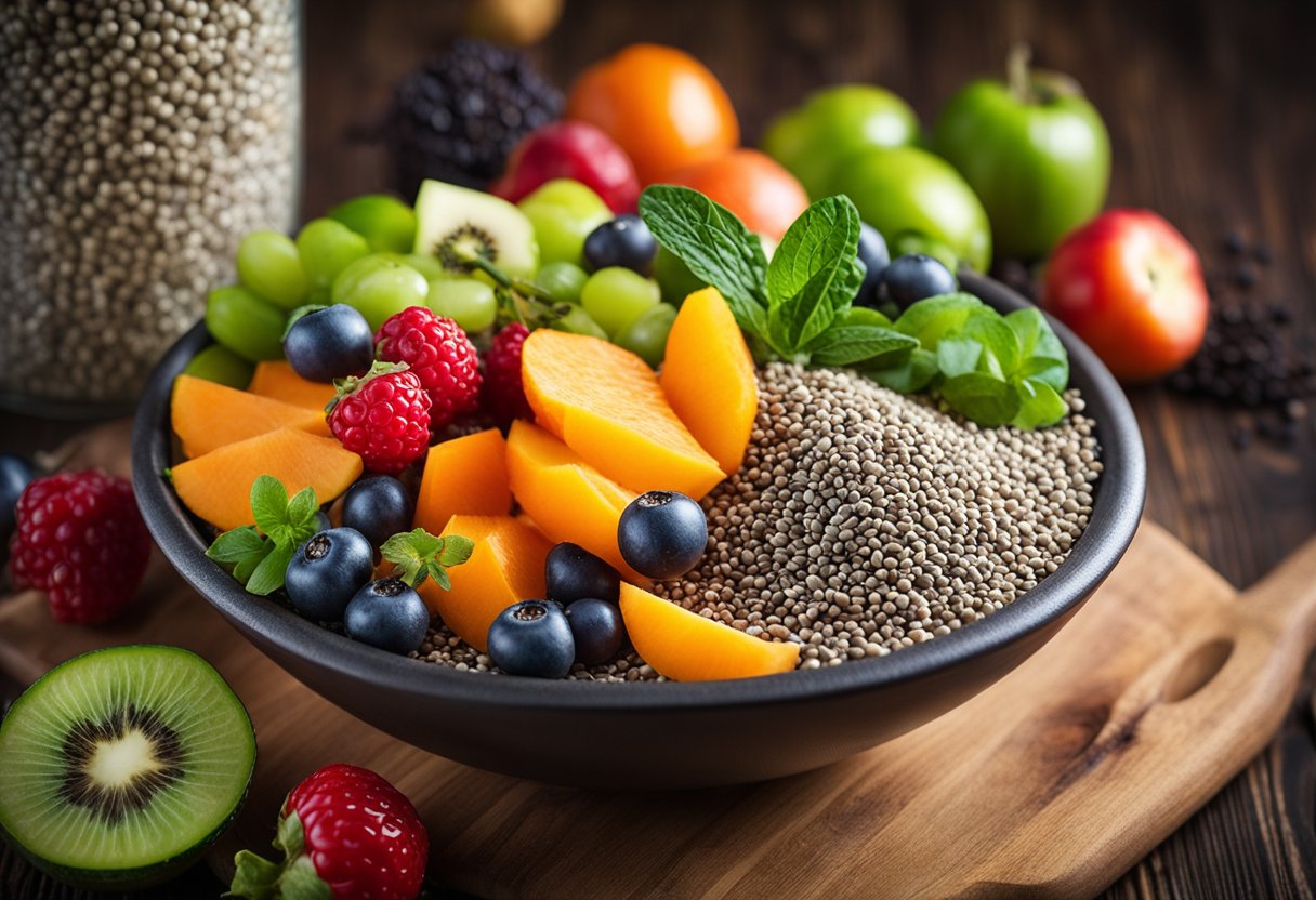 A bowl of chia seeds surrounded by vibrant fruits and vegetables, radiating a glow of health and vitality