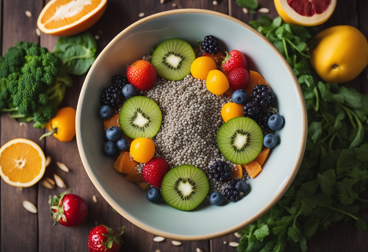 A bowl of chia seeds surrounded by colorful fruits and vegetables, with a glass of water on the side