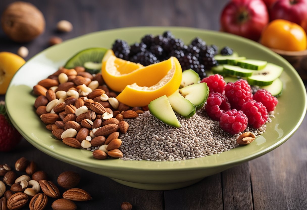 A colorful array of chia seeds, surrounded by various fruits, vegetables, and nuts, with a glowing halo of health benefits radiating from the center