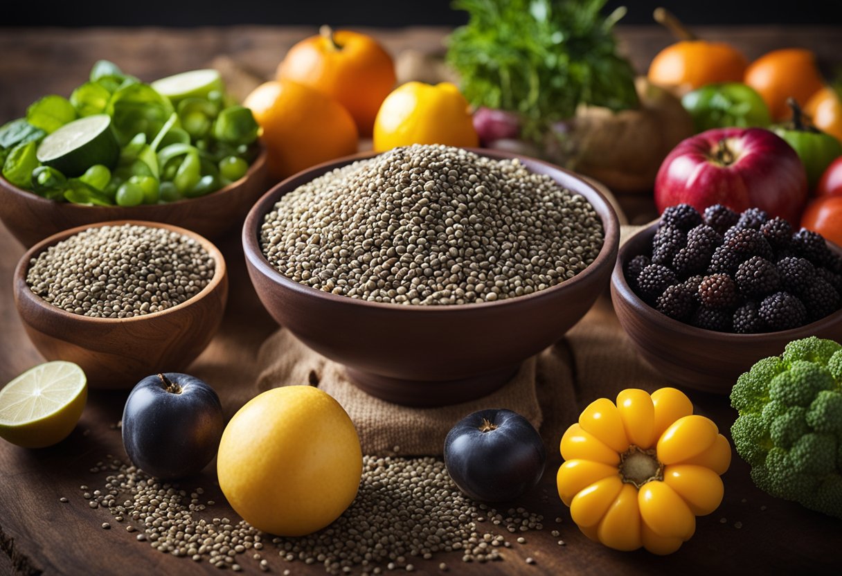 A bowl of chia seeds surrounded by various fruits and vegetables, with a beam of sunlight shining down on the arrangement