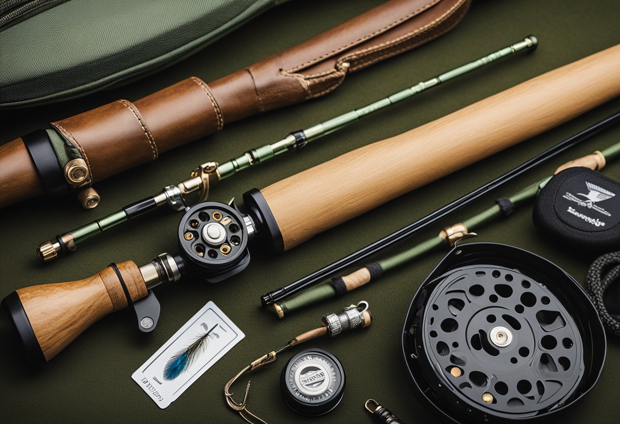 A fly rod and reel are laid out next to a graphite fly fishing kit, a bamboo fly rod kit, and a Tenkara fly rod kit. The scene also includes travel fly fishing gear
