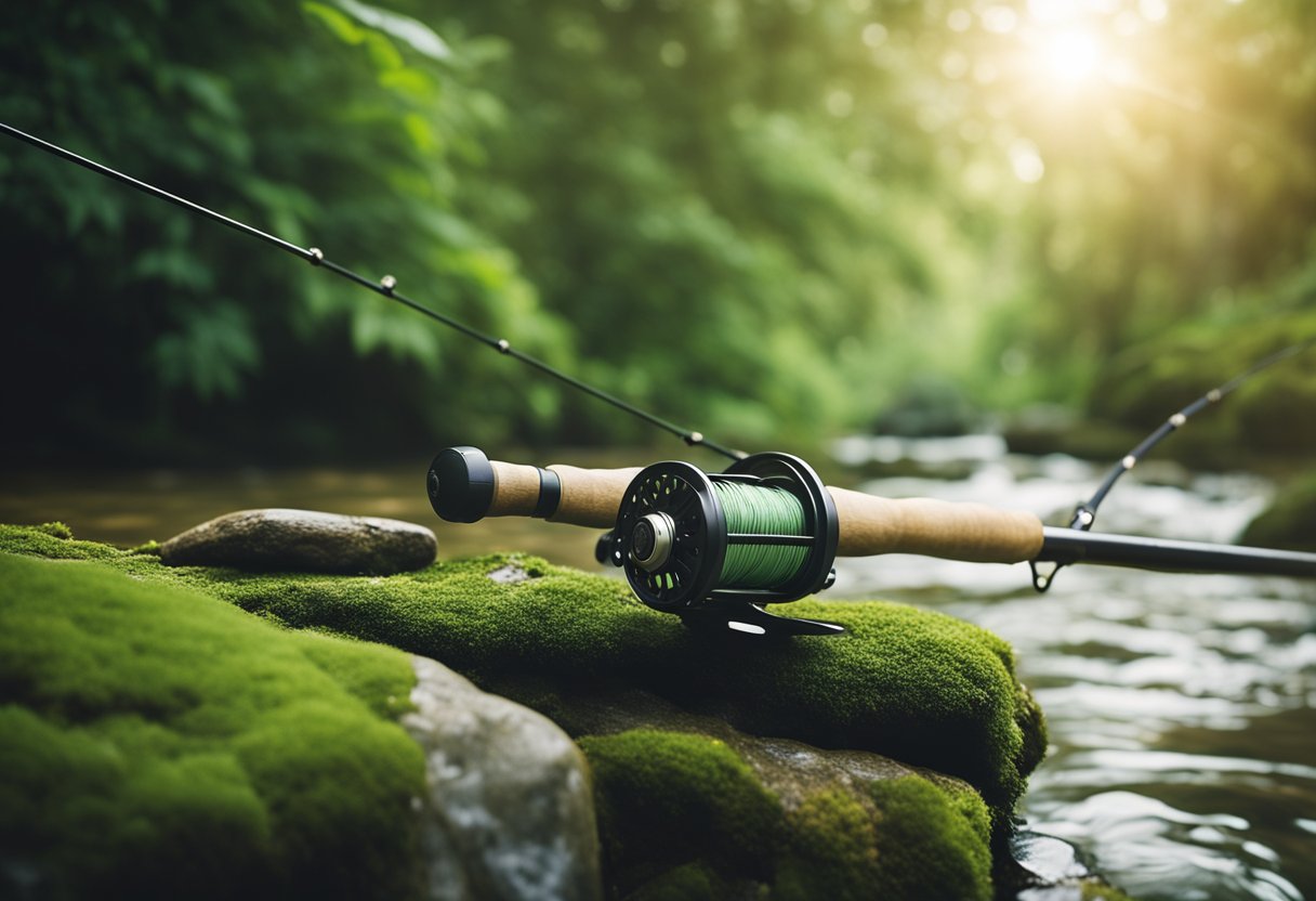 A serene riverbank with a fly rod and reel set up, surrounded by lush greenery and the soft sound of flowing water