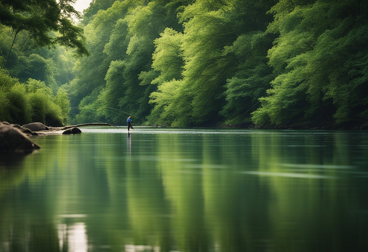 A serene riverbank with a fly rod and reel, surrounded by lush greenery and gently flowing water