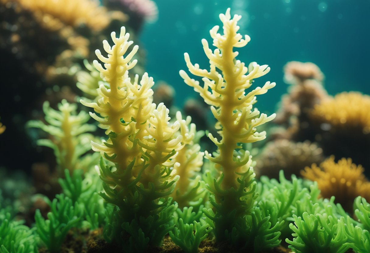 A vibrant underwater world with sea moss thriving among other marine life, showcasing its benefits for the ocean ecosystem