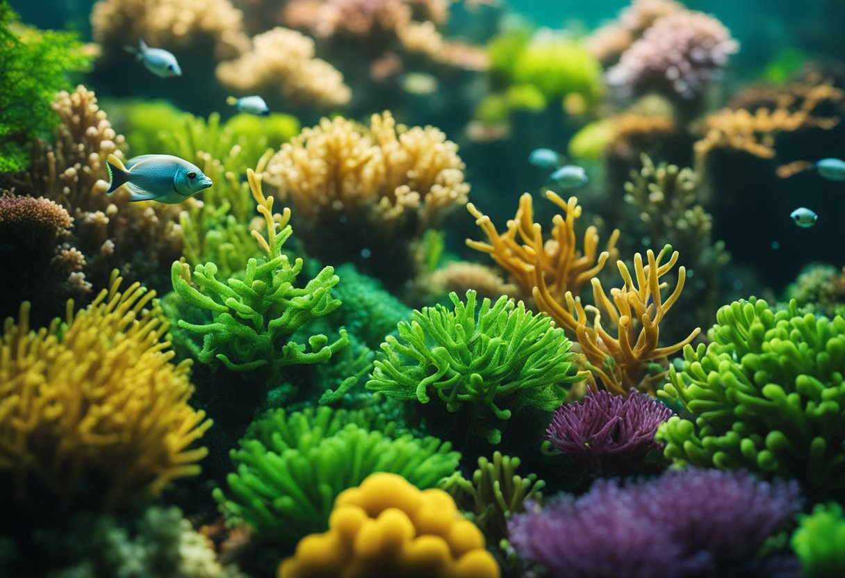 A vibrant underwater scene with sea moss surrounded by various marine plants and creatures, depicting its rich nutritional profile and health benefits