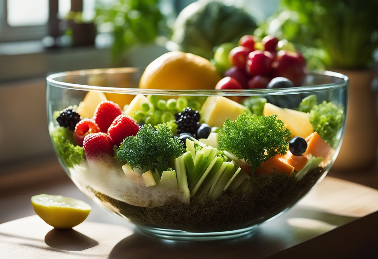 A clear glass bowl filled with sea moss, surrounded by fresh fruits and vegetables, with a ray of sunlight shining down on the vibrant scene