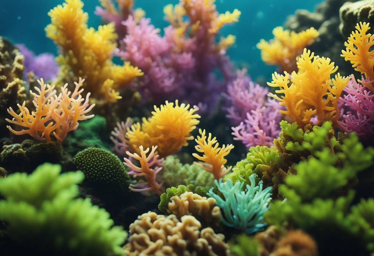 A vibrant underwater scene with colorful sea moss swaying gently in the current, surrounded by diverse marine life