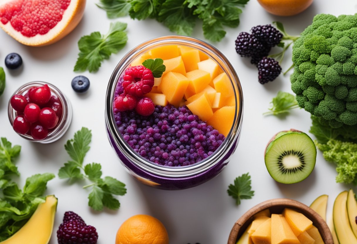 A colorful array of fruits, vegetables, and smoothie ingredients surrounding a jar of sea moss gel, highlighting its versatility and health benefits