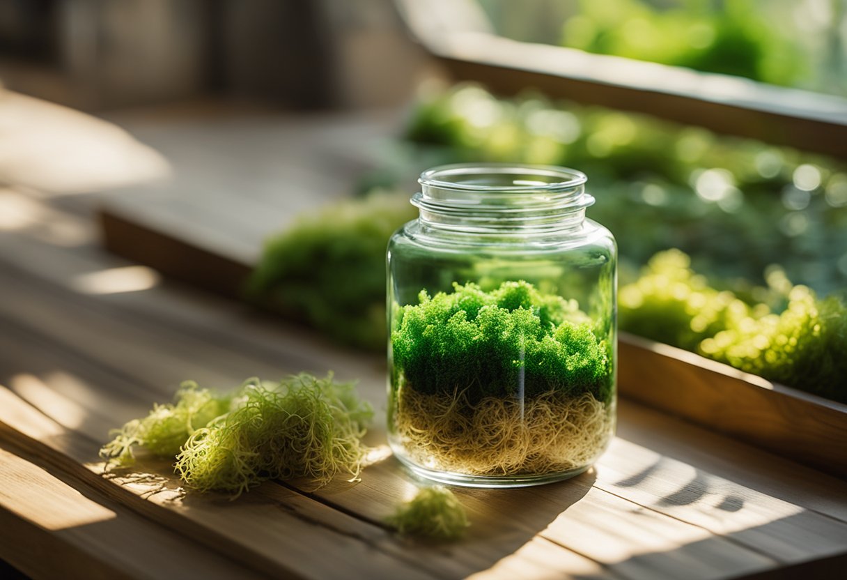 A clear glass jar filled with sea moss gel sits on a wooden table, surrounded by fresh seaweed and a pile of dried sea moss. The sunlight streaming through a nearby window highlights the vibrant green color of the sea moss