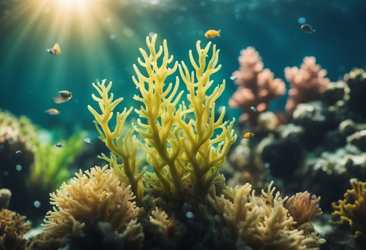 A vibrant underwater scene with sea moss swaying gently in the current, surrounded by diverse marine life benefiting from its presence