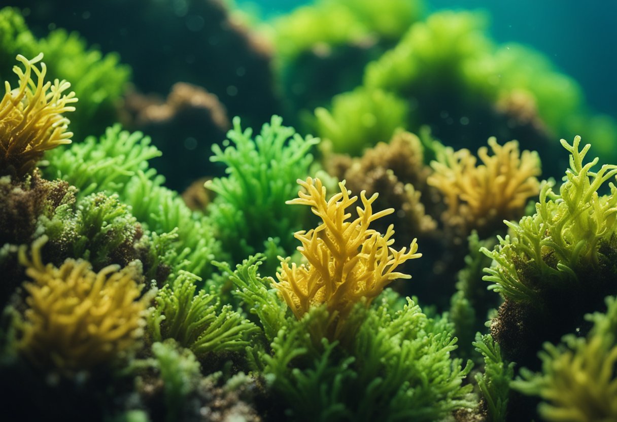 A vibrant underwater scene showcasing sea moss intertwined with other seaweeds, highlighting its unique benefits and properties