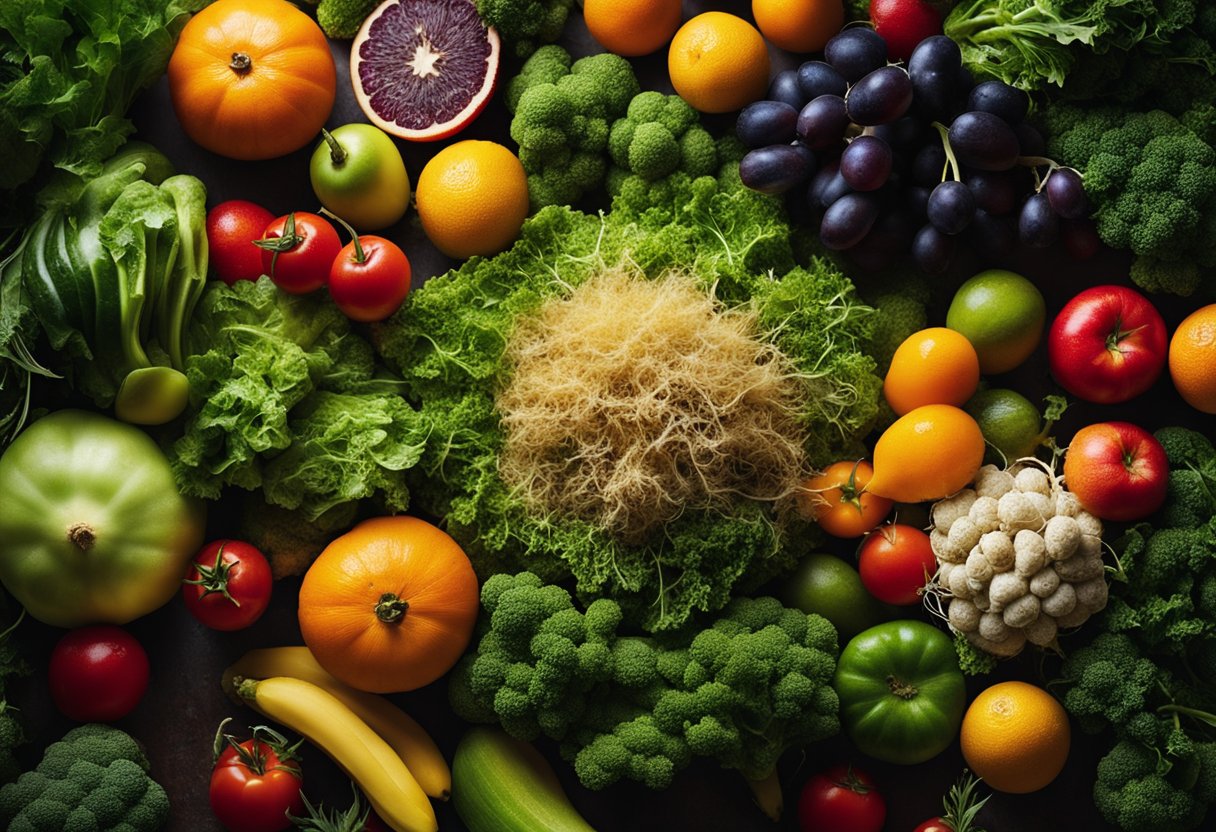 A pile of sea moss surrounded by various fruits and vegetables, with a beam of sunlight shining down on it