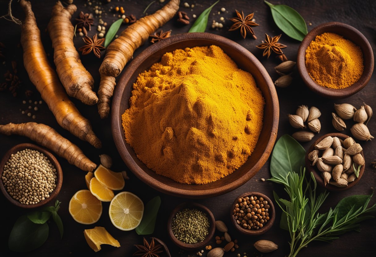 A vibrant turmeric root surrounded by various spices and herbs, symbolizing its anti-inflammatory and antioxidant properties