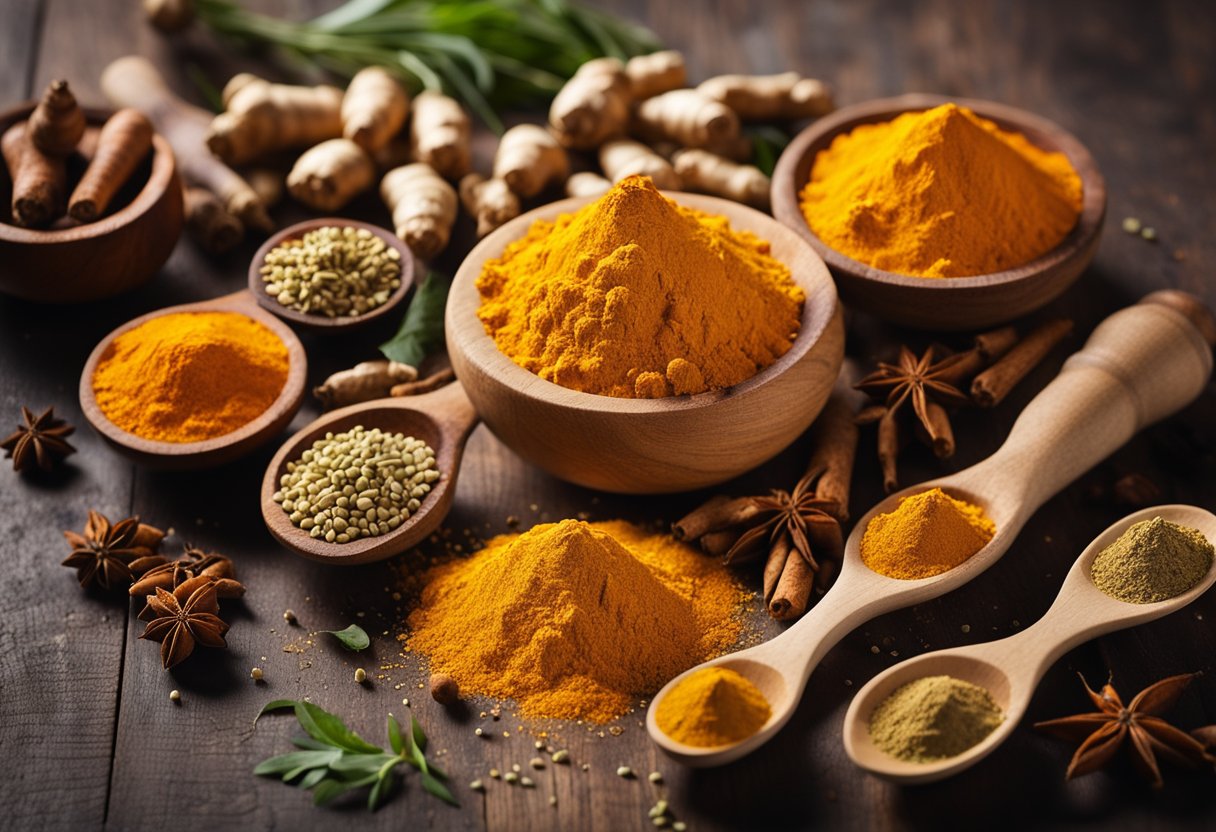 A vibrant pile of turmeric root and powder surrounded by scattered whole spices and herbs on a wooden cutting board