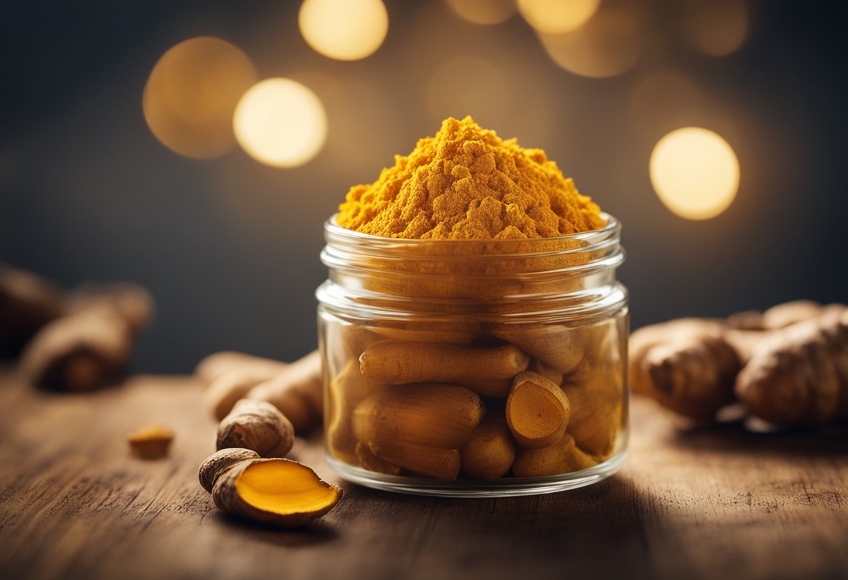A vibrant turmeric root surrounded by a halo of golden light, exuding a sense of healing and vitality