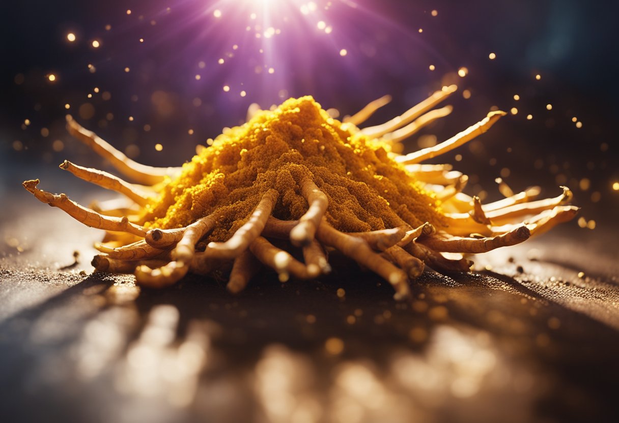 A vibrant turmeric root surrounded by glowing, golden rays, with small, spark-like particles emanating from its surface, symbolizing its antioxidant effects