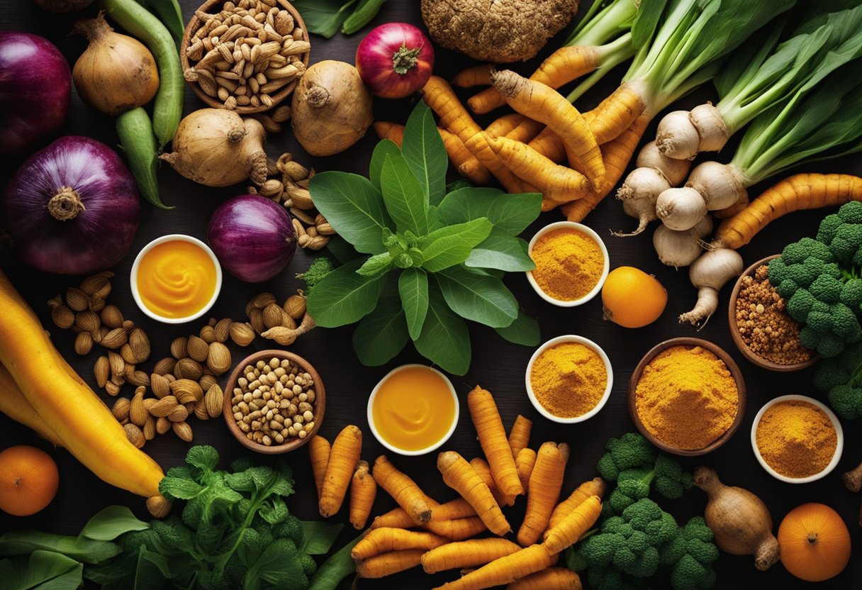 A vibrant, colorful scene of turmeric roots and leaves surrounded by various fruits and vegetables, symbolizing the diverse benefits of turmeric for digestive health