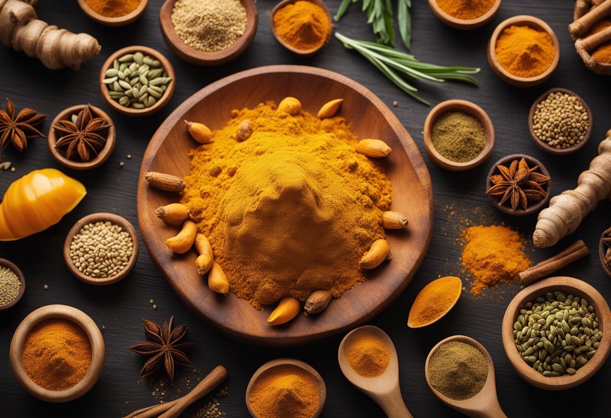 A vibrant turmeric root surrounded by colorful spices and herbs, symbolizing the additional health benefits of turmeric