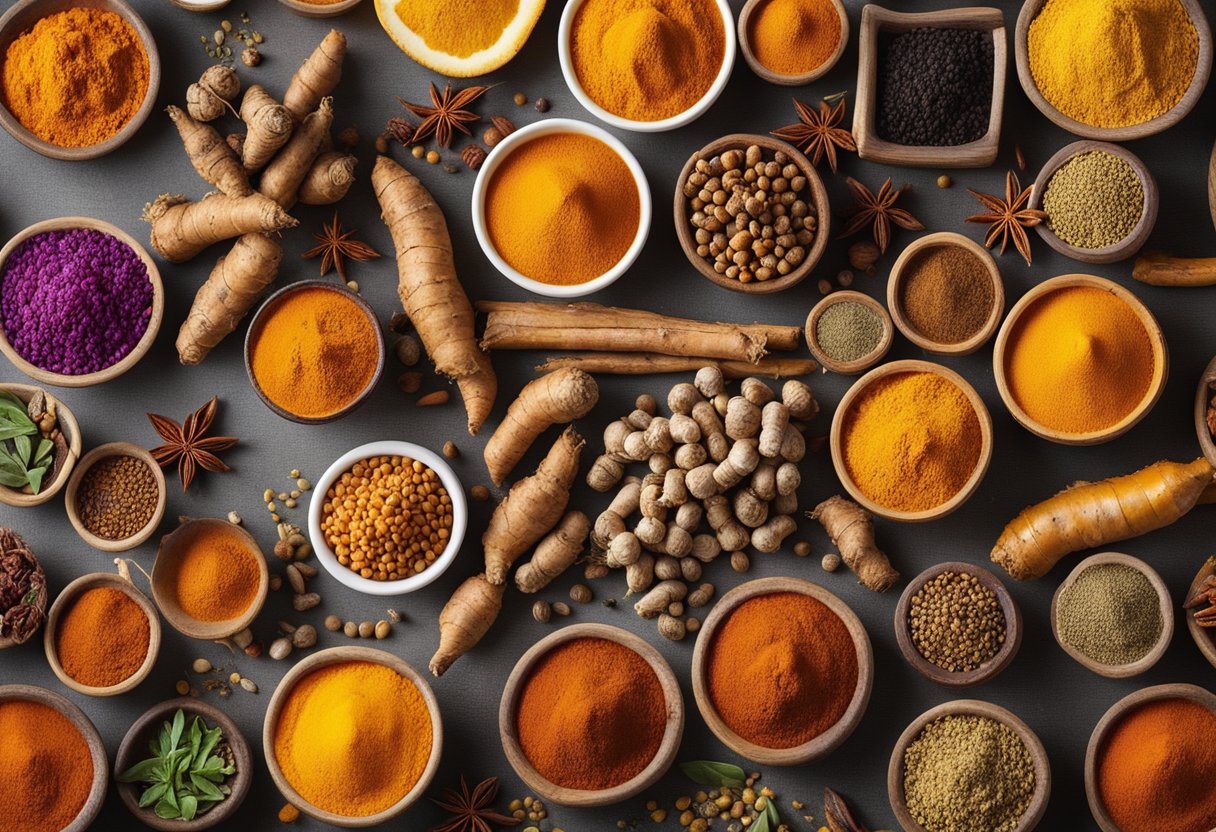 A vibrant turmeric root surrounded by a variety of colorful spices and herbs, symbolizing the natural benefits and effectiveness of turmeric