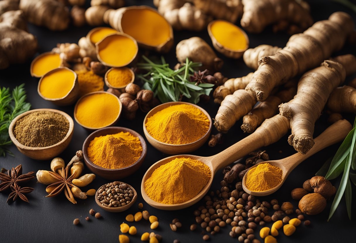 A vibrant yellow turmeric root surrounded by a variety of colorful spices and herbs, symbolizing the health benefits and natural properties of turmeric