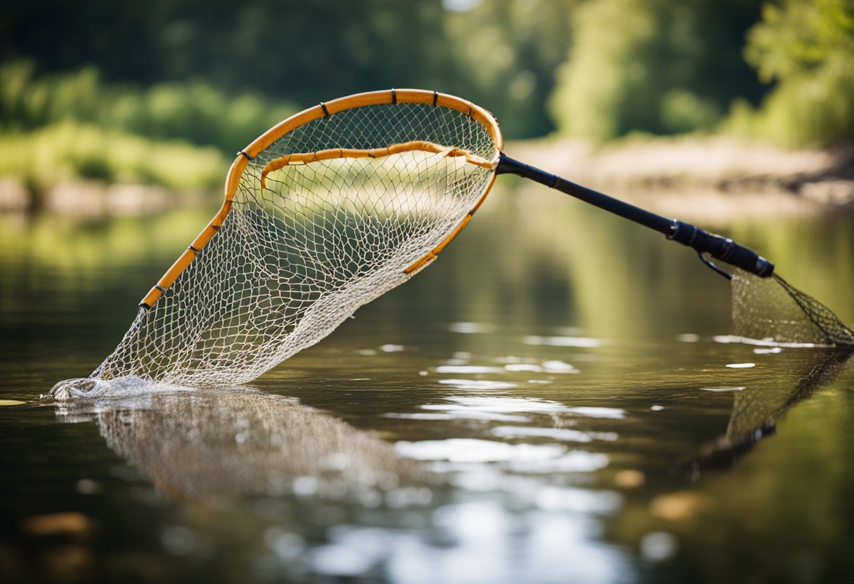 A magnetic release landing net hovers over a tranquil stream, ready to scoop up a freshly caught trout or bass for catch and release