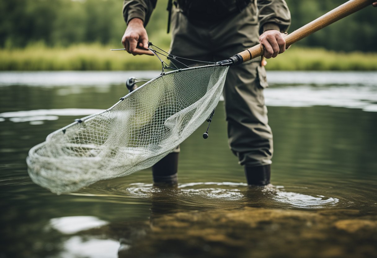 A fisherman holds a magnetic release landing net over a tranquil river, with a trout and bass swimming below