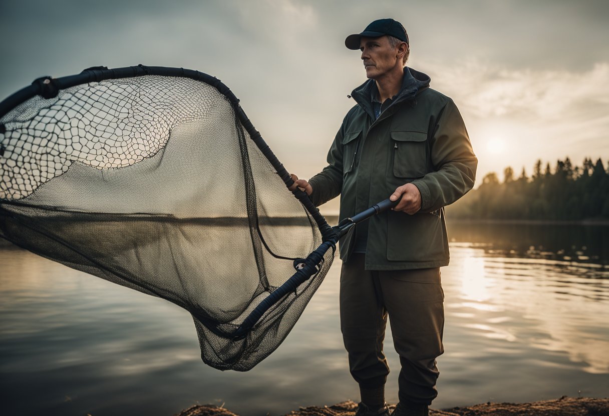 A fisherman holding a collapsible landing net, with a telescopic handle and rubber mesh, set against a backdrop of a serene lake