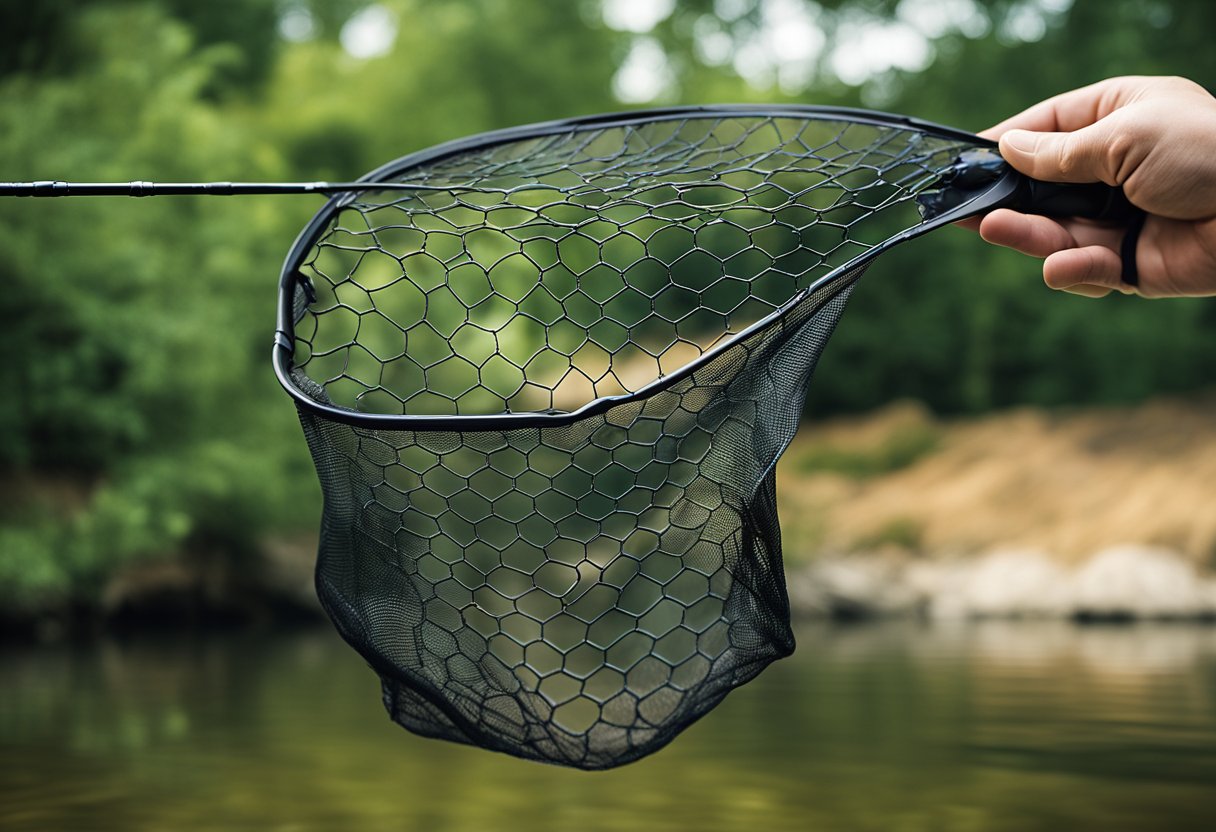 A hand reaches for a collapsible landing net by a computer, with a rubber mesh and telescopic options nearby