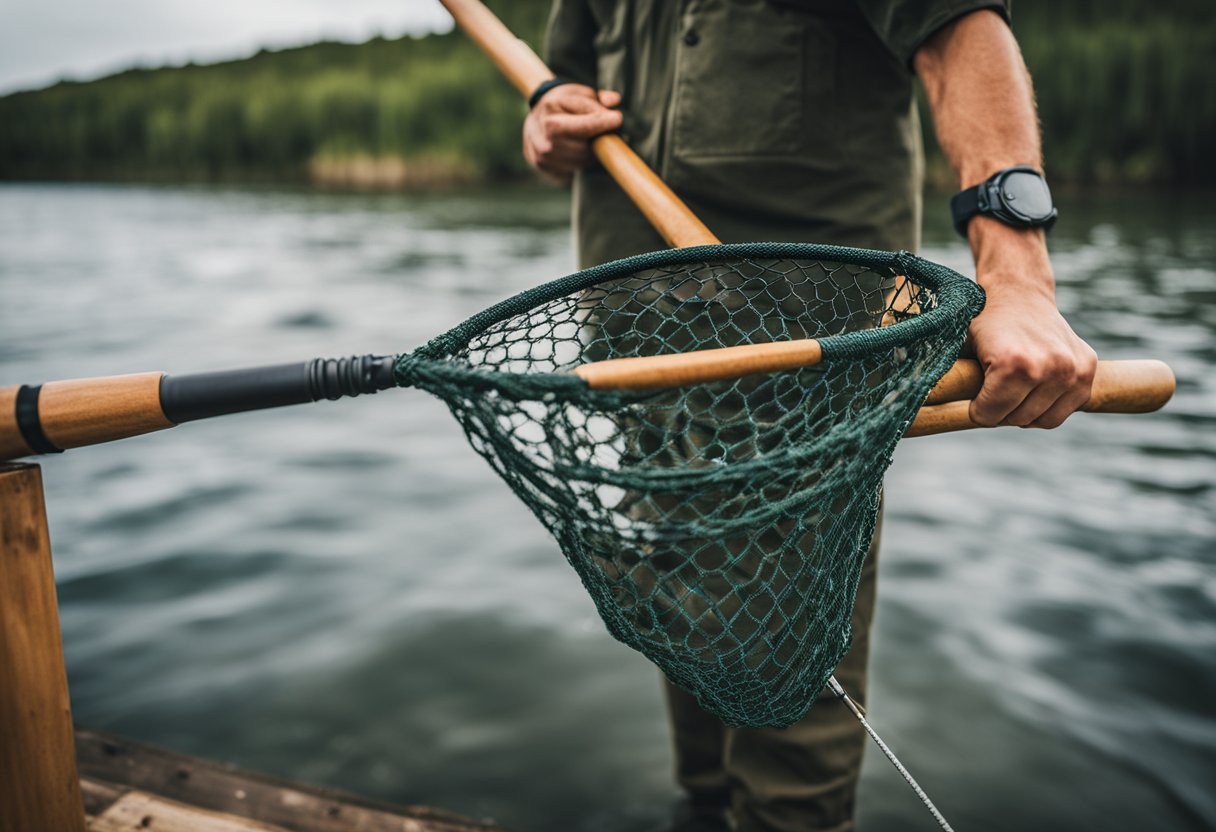 A fisherman holding a high-end landing net, with an affordable net nearby and the best net in the background