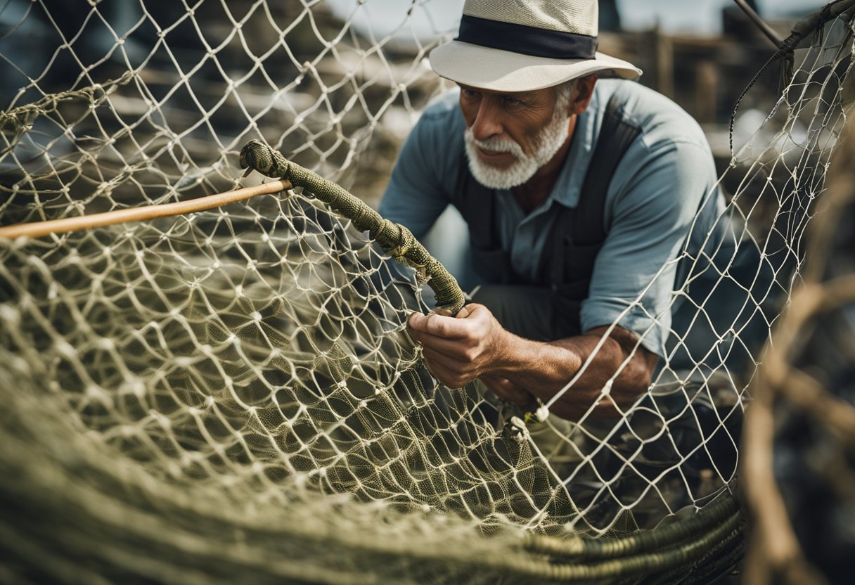 A fisherman carefully chooses a landing net from a display of various affordable and high-end options