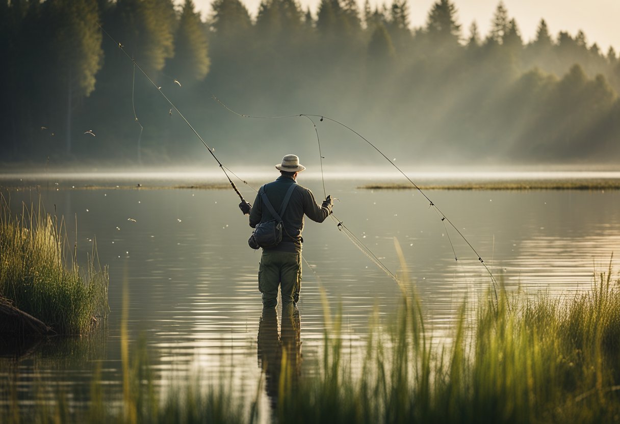A serene lake with a fisherman casting a line, surrounded by various fishing landing nets of different styles and price ranges